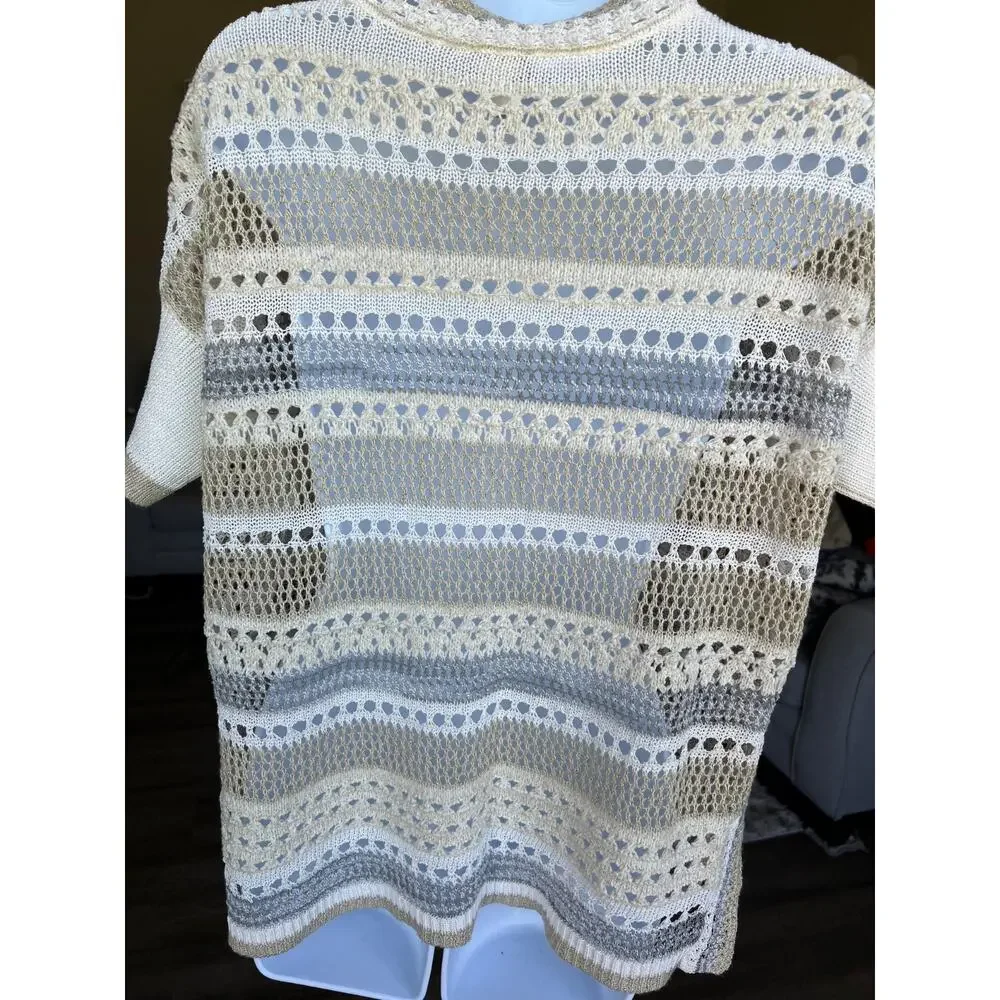 Chico's Small Open Weave Crochet V-Neck Slouchy Boho Short Sleeve Sweater #484‎